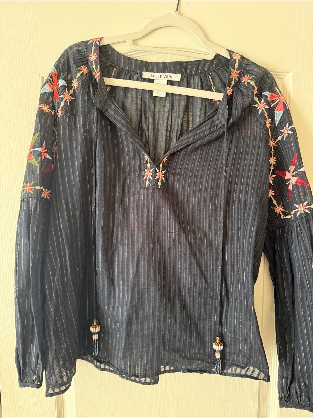 Belle Vere Navy Embroidered Star-Detail Peasant Blouse